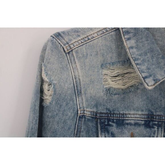 FREE PEOPLE DISTRESSED DESTROYED Denim Jacket Women's Size XS Light Indigo - Picture 7 of 12